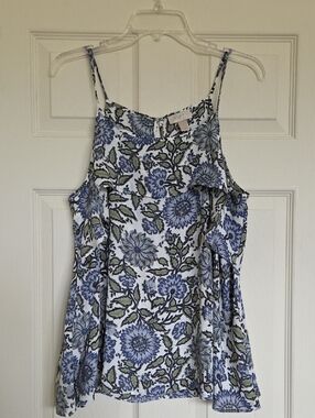 LOFT White Floral Ruffle-Front Spaghetti Strap Tank Top